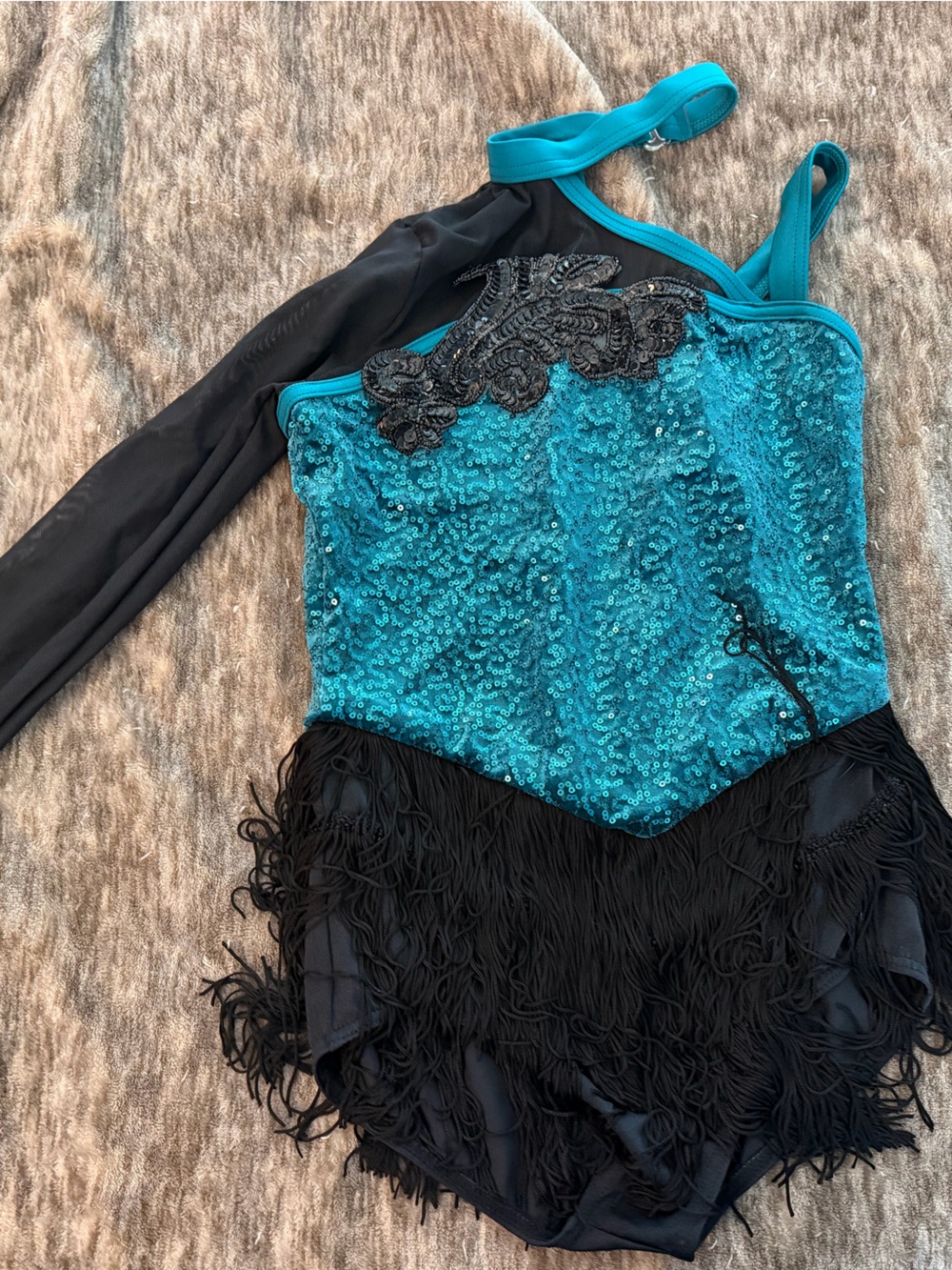 Weissman Teal and Black Jazz Dance Leotard fringe sequins